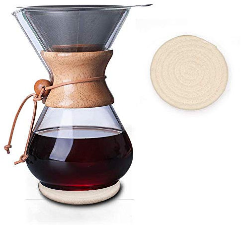 QLESHINING Cafetera de cuello de madera con filtro de acero inoxidable reutilizable y almohadilla de posavasos, jarra de café de vidrio de borosilicato de 400 ml, collar de madera, cafetera goteadora