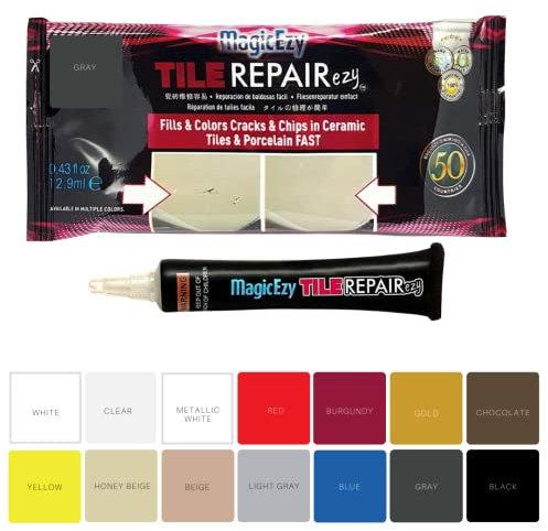 MagicEzy Tile Repairezy (Grey) - Ceramic Tile Chip Repair Filler - Porcelain Crack Repair Kit - Gap Filler - Tile Putty - Bathroom Floor Tiles, Counter Tops - Wall Touch Up Pen