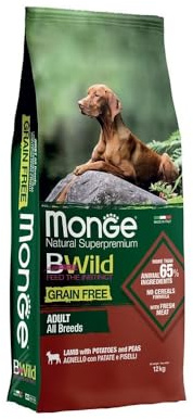 Monge Cane Crocchette Bwild Adult Agnello Patate e Piselli 12Kg Grain Free