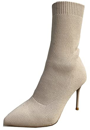 Jeesay Women's Sexy Pointed Toe Sock Ankle Boots Stiletto Heels Mid Calf Booties Stretch Knit Shoes Warm (8, Beige, numeric_8)