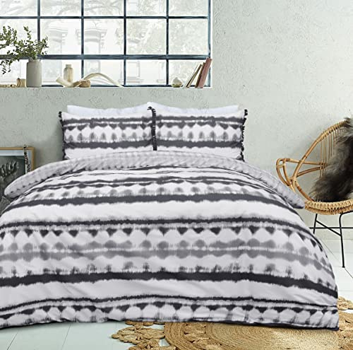 Sleepdown Set di biancheria da letto double-face con copripiumino e federe con nappe, colore: bianco e nero, con motivo a nodi colorati e colorati, per letto super king size (220 x 260 cm)