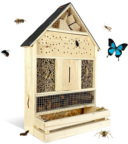 GARTENETAGE Insektenhotel zum Aufhängen XXL mit Pflanzenbalkon & Schieferdach/Naturbelassenes, massives Insektenhaus, Bienenhotel, Marienkäferhaus/Nisthilfe & Artenschutz
