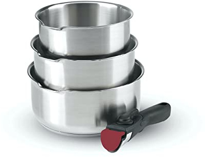 Qdesign - Batterie de Cuisine à Induction 4 Pièces - Set de 3 Casseroles en Inox 16, 18 et 20 cm avec Poignée Amovible - Acier Inoxydable - Lot pour Tout Feu - Argenté