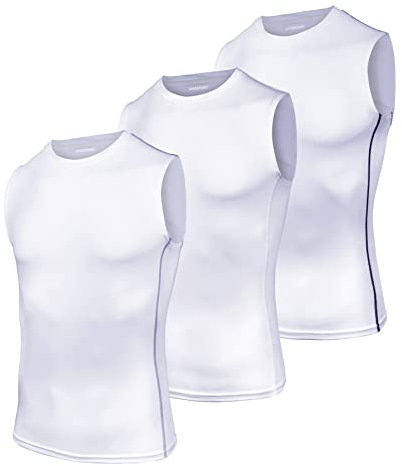 AMZSPORT Herren Kompressions-Tanktop Ärmellos Funktionsshirts Baselayer Unterhemd Weiß(3er Pack) L