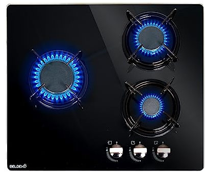 Plaque de cuisson gaz 3 foyers 60 cm – Verre noir athermique & grilles fonte – 5 250 W – Gaz de ville + injecteurs gaz bouteille fournis – BELDEKO