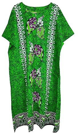 Kiran Fashion Abito estivo da donna, in 100% cotone con stampa etnica, per spiaggia, taglia unica, verde, Taglia unica
