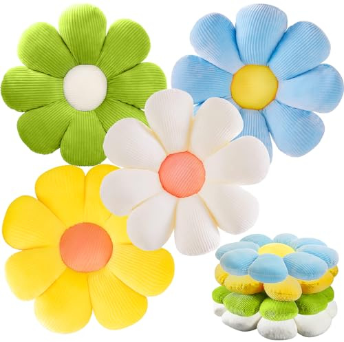 BJPERFMS 4 Pcs Flower Floor Cushion Pillow, Cute Seat Cushion Bed Floor Pillows, Flower Shaped Throw Pillow decorative for Car Home Sofa Chair and Floor (Blue+White+Yellow+Green)