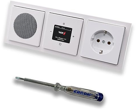 Busch Jäger DAB+ (DAB PLUS) Radio encastrée 8215U-101 Future Linear Studio blanc, kit avec haut-parleur, couvertures, prise avec protection enfant, cadre + testeur de phase EBROM pour montage
