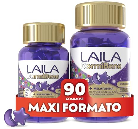 Laila DormiBene Integratore alimentare per il sonno a base di Herbal 5 Complex e Melatonina per favorire un rapido addormentamento. Confezione da 90 pastiglie gommose. Senza zuccheri