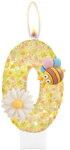 Velas con el número 0 de flores con abeja para pastel, velas de cumpleaños de flores, decoración de cumpleaños de niñas y niños, velas de cumpleaños con purpurina amarilla, velas de pastel de abeja