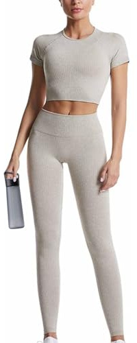 Gym Sets for Women 2 Piece Ribbed Outfits Short Sleeve Crop Top and Gym Leggings Set Yoga Tracksuits