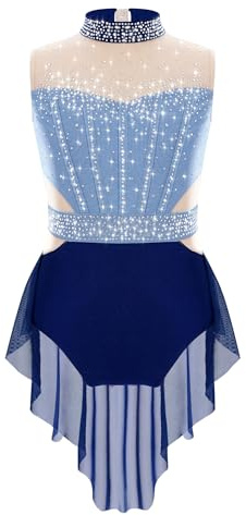 Freebily Body da Pattinaggio Artistico Bambina Vestito da Danza Lirica Moderna Contemporanea Abito da Ballo Latino Americano Tango con Strass Costume da Allenamento Dancewear Blu 13-14 anni
