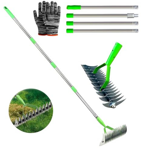 Rastrillo escarificador con mango de 160 cm, rastrillo de corte para jardín, rastrillo de musgo, escarificador, escarificador de mano ajustable, rastrillo de suelo para limpiar hierba tótem, para