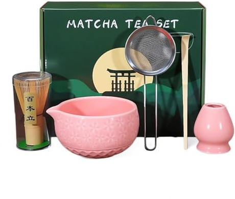 Matcha Kit Completo Matcha Set per Cerimonia Giapponese con Frusta in Bambù Set di Tè Matcha in Ceramica Chasen Supporto per Frullino Cucchiaio Ciotola per Matcha Regalo ad Amici o Colleghi (Rosa)