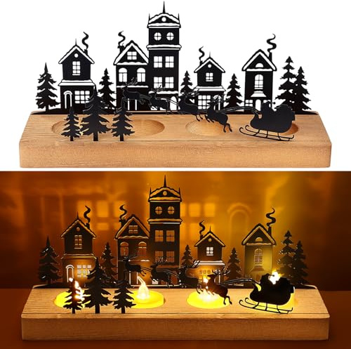 Tatxmalv Portavelas Navidad Vela Decorativa, Corona de Adviento Porta Velas, Candelabros para Velas de Metal Negro con Base de Madera, Decoración de la Víspera de Navidad, 28x12.5x8 cm