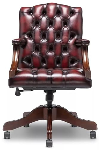 Chesterfield Gainsborough - Poltrona da ufficio girevole in pelle rossa antica, realizzata a mano, con schienale trapuntato, struttura in mogano massiccio e girevole a 360°