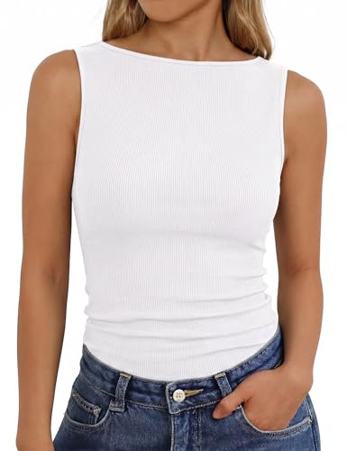 Aottori Camiseta de Tirantes Mujer para Verano Canalé Elástico Cuello Barco | Punto Acanalado, Slim Fit, Acabado Liso, Comodidad Flexible, para Primavera Verano, Diseño Versátil