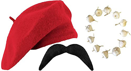 Rote Basken- und Knoblauch-Girlande + Fash-Girlande Französischer Bastille Day Fancy Dress Set Herren & Damen (rote Baskenmütze & Knoblauch-Girlande)