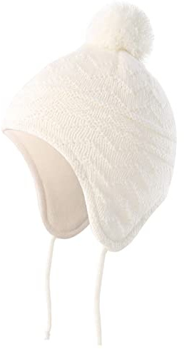 Connectyle Toddler Boys Beanies with Ear Flaps Kids Pompom Beanie Hat Fleece Lined Knit Winter Skull Caps M White