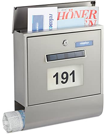 Relaxdays Briefkasten mit Beleuchtung, Zeitungsfach, Hausnummer, Namensschild, Solar, HxBxT: 33,5 x 30,5 x 10 cm, Silber