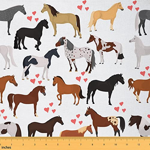 Pferde stoff Bauernhof Stoff Meterware Kinder Jungen Mädchen süßes Tier dekor Stoff Cartoon Pferde mit rosa Liebhaber Herz Dekor Cowboy Cowgirls wasserdichter Stoff zum Selbermachen 92x150 (HxB)