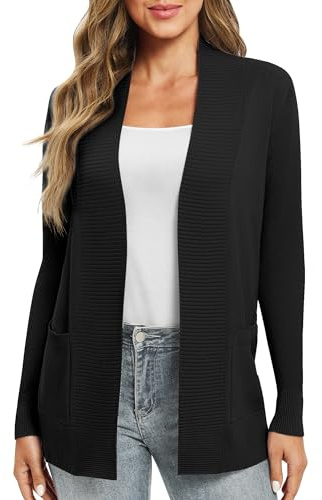 EXCHIC Femmes Décontractée Manche Longue Tricoté Cardigan Poids Léger À l'aise Avant Ouvert Manteau Chandails Longs avec Poches
