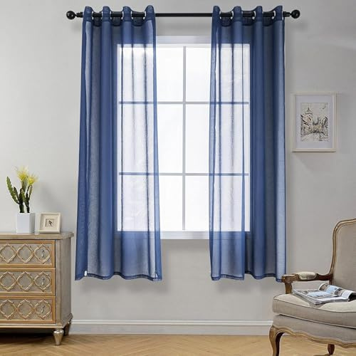 CUCRAF Tende trasparenti con occhielli, per soggiorno e camera da letto, 145 x 140 cm, set da 2 pezzi, colore blu, tinta unita, facili da pulire e senza pieghe, effetto lino