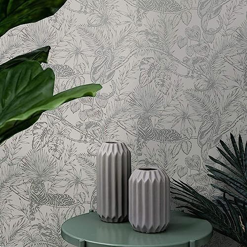 SOPHIE LAURENCE Tropical Floral Glitter Parrot Tiger Monkey Jungle Wallpaper - Solid Thick Heavy Duty Designer Wallpaper (Grey)
