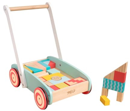 Owl & Fox Wooden Baby Walker with 29 Assorted Colourful Blocks, Traditional Push Along Early Development & Activity Toy, Sustainably Sourced, for Ages 12 Months+