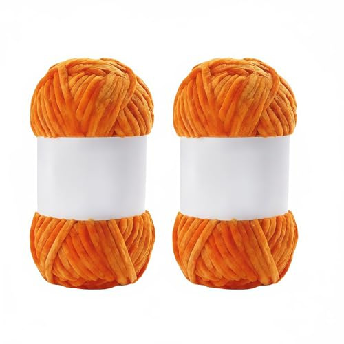 2 Rolls 100g Velvet Chenille Yarn Soft Chunky Knitting Crochet Yarn for Baby Blankets DIY Crafts (Orange)