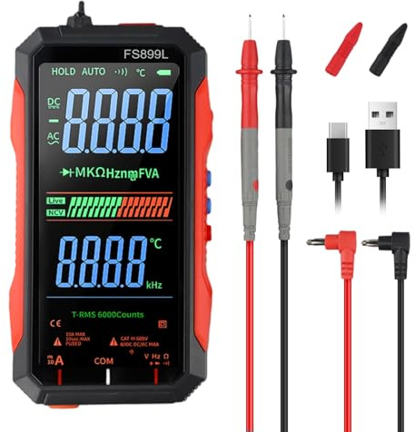 FS899L Digital Multimeter with Color Screen, USB C Rechargeable Electrical Testing, 6000 Counts True RMS AC/DC Voltage Tester, NCV, Capacitance, Non Voltage Detector for Car, Home(FS899L)