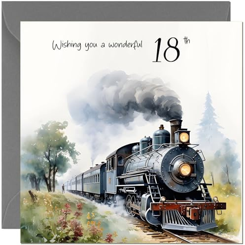 Carte d'anniversaire 18 ans en train – Carte d'anniversaire traditionnelle locomotive train à vapeur pour adolescents de 18 ans, dix-huitième