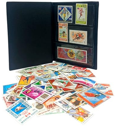 IMPACTO COLECCIONABLES – Colección de 100 sellos con temática de los Juegos Olímpicos con álbum incluido (14 x 18 x 1 cm) | Eleve su colección filatélica con sellos auténticos matasellados