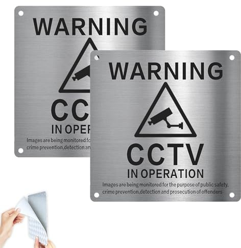 Lot de 2 panneaux d'avertissement en métal CCTV In Operation en aluminium brossé avec trous autocollants et pré-percés, panneaux de caméra de sécurité pour magasin, maison, bureau, entrepôt