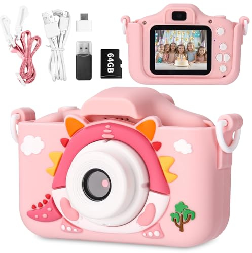 Barnkamera, barnkamera, 1080P HD digitalkamera barn med 2,0-tums skärm, kamera fotoapparat med 64 G minneskort, fotokamera för 3–12 år födelsedag, rosa