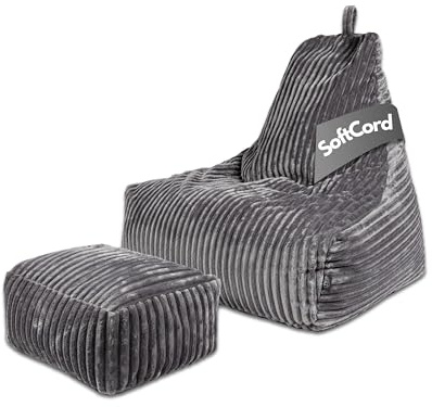 PatchHome Deluxe Cord sittsäck lounge fåtölj – gaming saccosäck set med fotpall – bekväm manchesterfåtölj med fyllning – vardagsrum och sovrumsmöbler (grafit, XXL – sittsäck pallset)