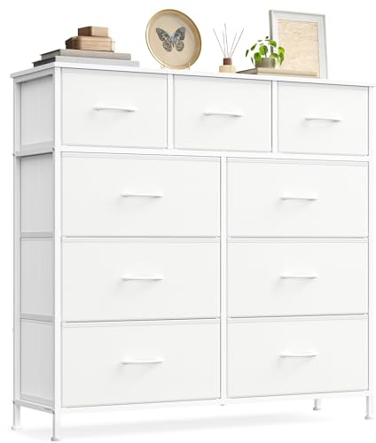 SONGMICS Commode 9 Tiroirs, Meuble de Rangement pour Chambre, Acier, Panneau MDF, Tissu Non-tissé, pour Couloir, Entrée, Salon, Blanc Nuage et Blanc Neige LGS324WH01