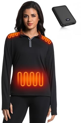 FERNIDA Blusa calefactable de manga larga para mujer, parte superior térmica con batería de 10000 mAh, camiseta térmica para correr, senderismo, pesca, esquí, Negro , XL