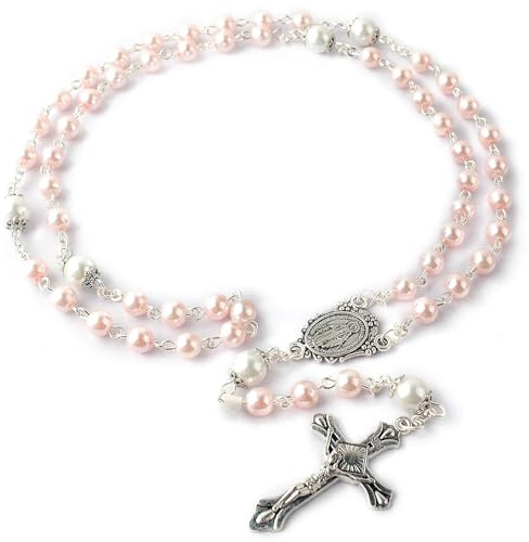 Ticome Rosary Beads Catholic,Pink Pearl Necklace with Silver Toned Cross and Medal,Baptism First Communion Easter Confirmation Gifts, Catholic Prayer Jewelry Accessories