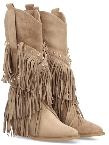 97780 Bota de Estilo Western con Cana Alta Decorada con Flecos en Cascada y Tachuelas metalicas, Punta Fina y Tacon Cubano. Ideal para Mujer en Temporada de Otono Invierno Kaki Talla 36