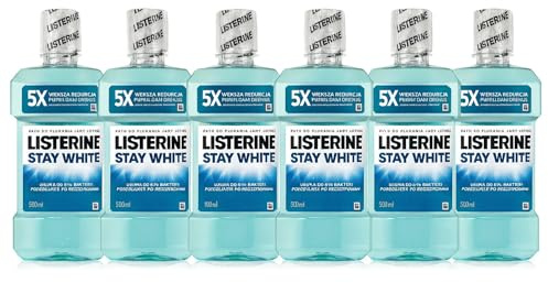 Listerine Stay White Mundspülung 6×500 ml – Unterstützt natürlich weiße Zähne, Entfernt bis zu 97% der Bakterien, Reduziert Plaque & Mundgeruch – Tägliche Mundhygiene Veltao