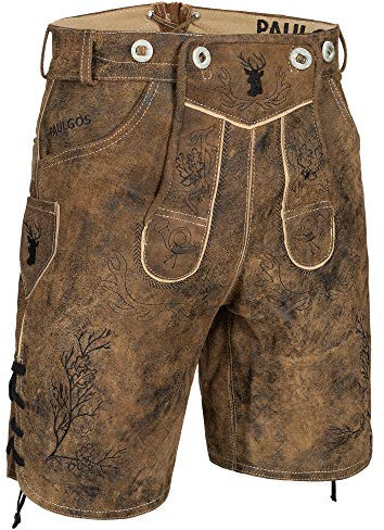 PAULGOS Herren Trachten Lederhose HK3-ANTIK + Träger, Echtes Leder, Größe 46, Whiskybraun