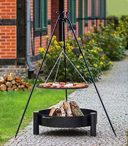 BlackOrange - Set barbecue orientabile con braciere Cup Ø 80 cm, griglia girevole Ø 70 cm e manovella, treppiedi altezza 180 cm
