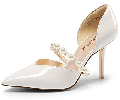 DREAM PAIRS Escarpins à bout fermé et à talons hauts pour femme - Bout pointu - Avec perles - Élégantes robes d'Orsay - Pour fête de mariage, blanc, 39.5 EU