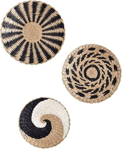 Set di decorazioni da parete cesto di 3, cesti intrecciati appesi ciotole decorative naturali,Cesti piatti tessuti, cesti da parete in erba marina, rotondo sospeso,Arte da parete per camera da letto