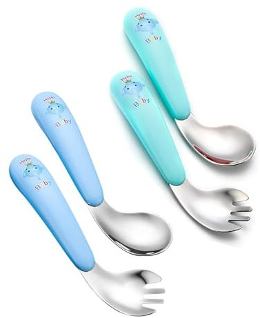 4 Teilig KinderBesteck Edelstahl, Baby Utensilien Löffel Gabel Set, Esslernbesteck Baby,Kinder Besteck Set,lernlöffel baby Löffel Gabel, Bringen Sie Ihrem Baby den Spaß,Selbstständig Essen