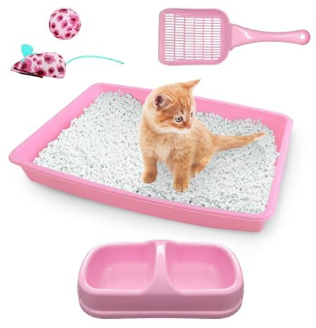 PAWISE Cat Litter Box Set, Small Kitten Starter Kit, Includes Litter Box, Litter Scoop, Double Dish Feeding Bowl, Cat Mouse Toy, Kitty Ball Toy, Pink