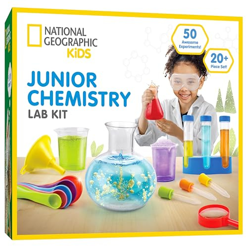 National Geographic Kids Junior Chemistry Set – Kit completo de laboratorio de aprendizaje temprano con 50 experimentos científicos para niños y más de 20 herramientas de laboratorio, juego de química
