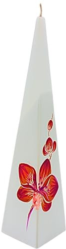 Dekohelden24 Hochwertige Kerze mit Orchidee/Orchideenkerze als Pyramidenkerze/weiß mit lilaner Blüte/H/Ø: ca. 25 x 6 cm.