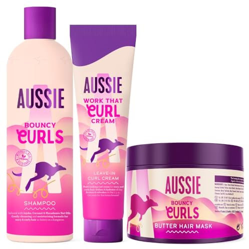 Aussie PACK ESPECIAL: Bouncy Curls: Champú Hidratante Cabello Seco Rizado Y Ondulado + Mascarilla Capilar Con O Sin Aclarado + Crema Definidora Rizos